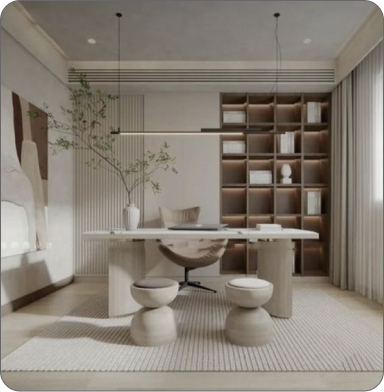 Comfortable office with plants, wooden desk, and two black chairs